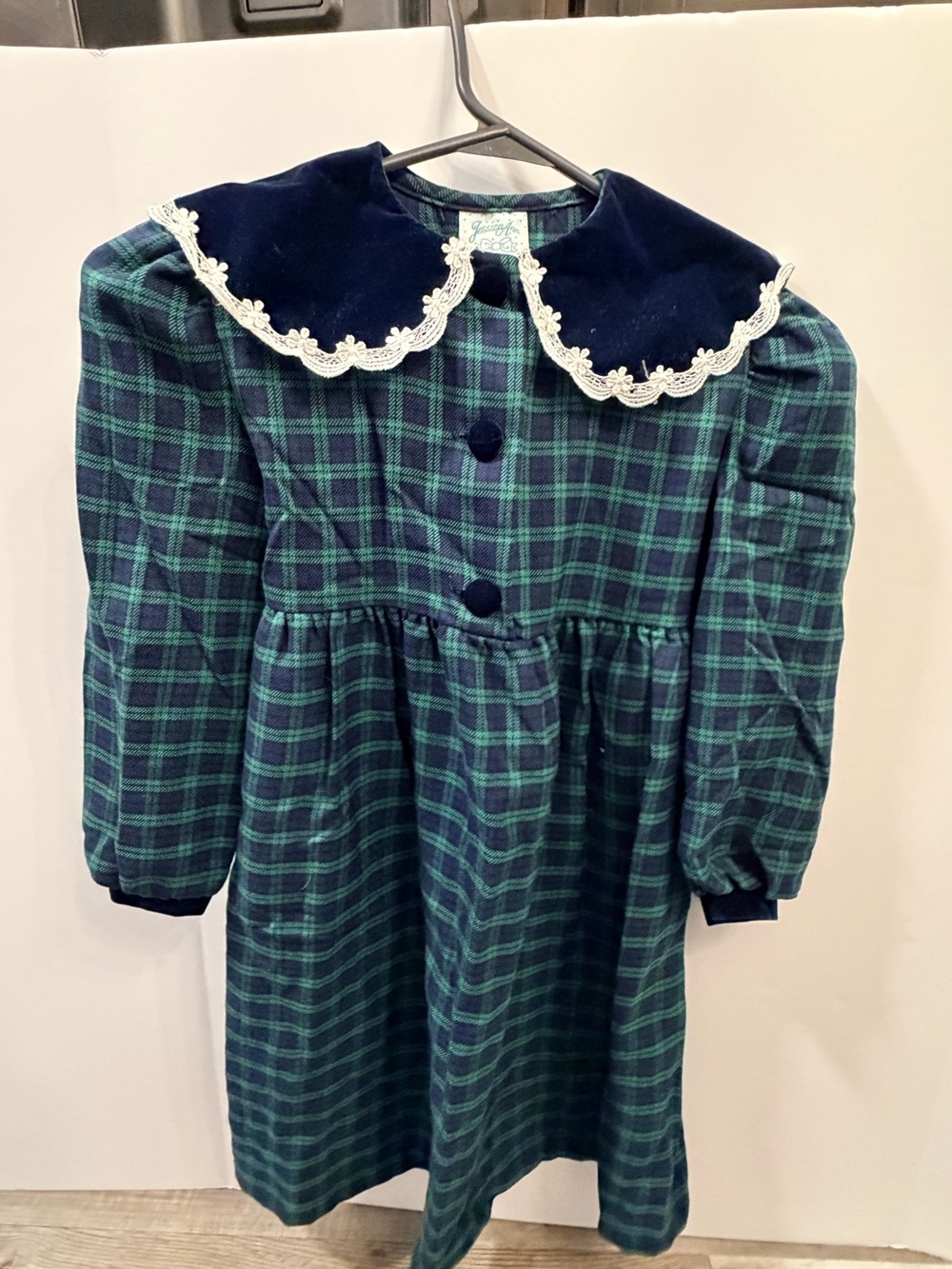 Jessica Ann Girls Plaid Dress Sz 6X Velvet Collar Vintage